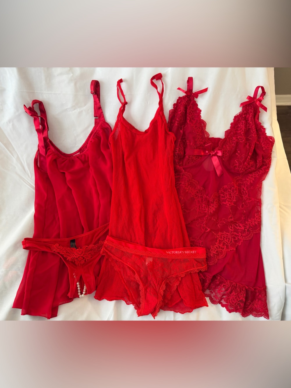Victoria's Secret Red Lace & Mesh Chemise Trio